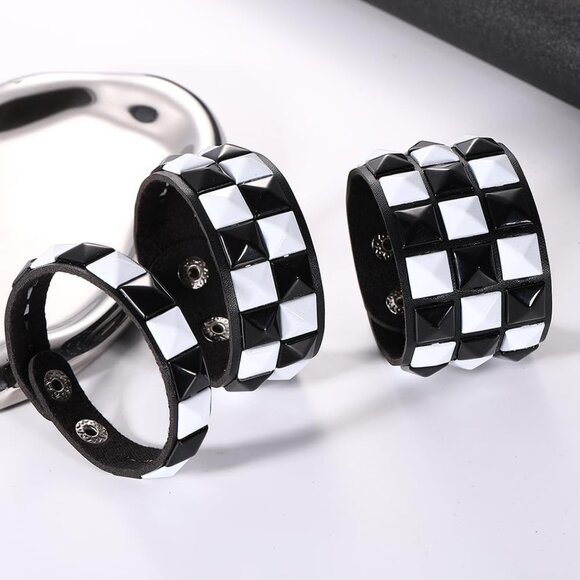 3 Piece Faux Leather Punk Bracelets Black White Checkered Studded Adjustable - Picture 3 of 4